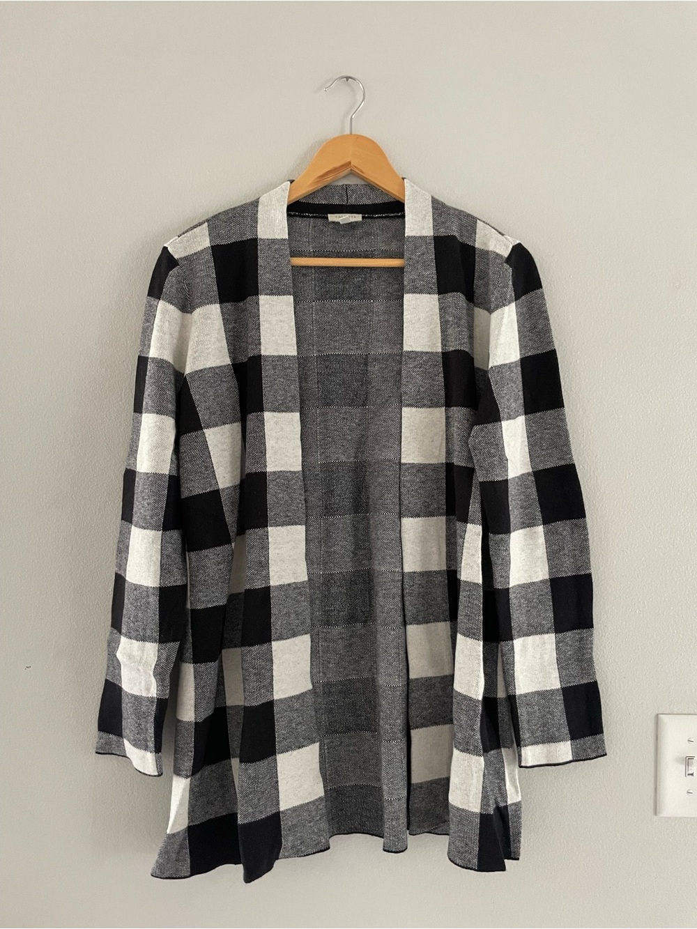 Talbots Black and White Buffalo Check Open Cardigan